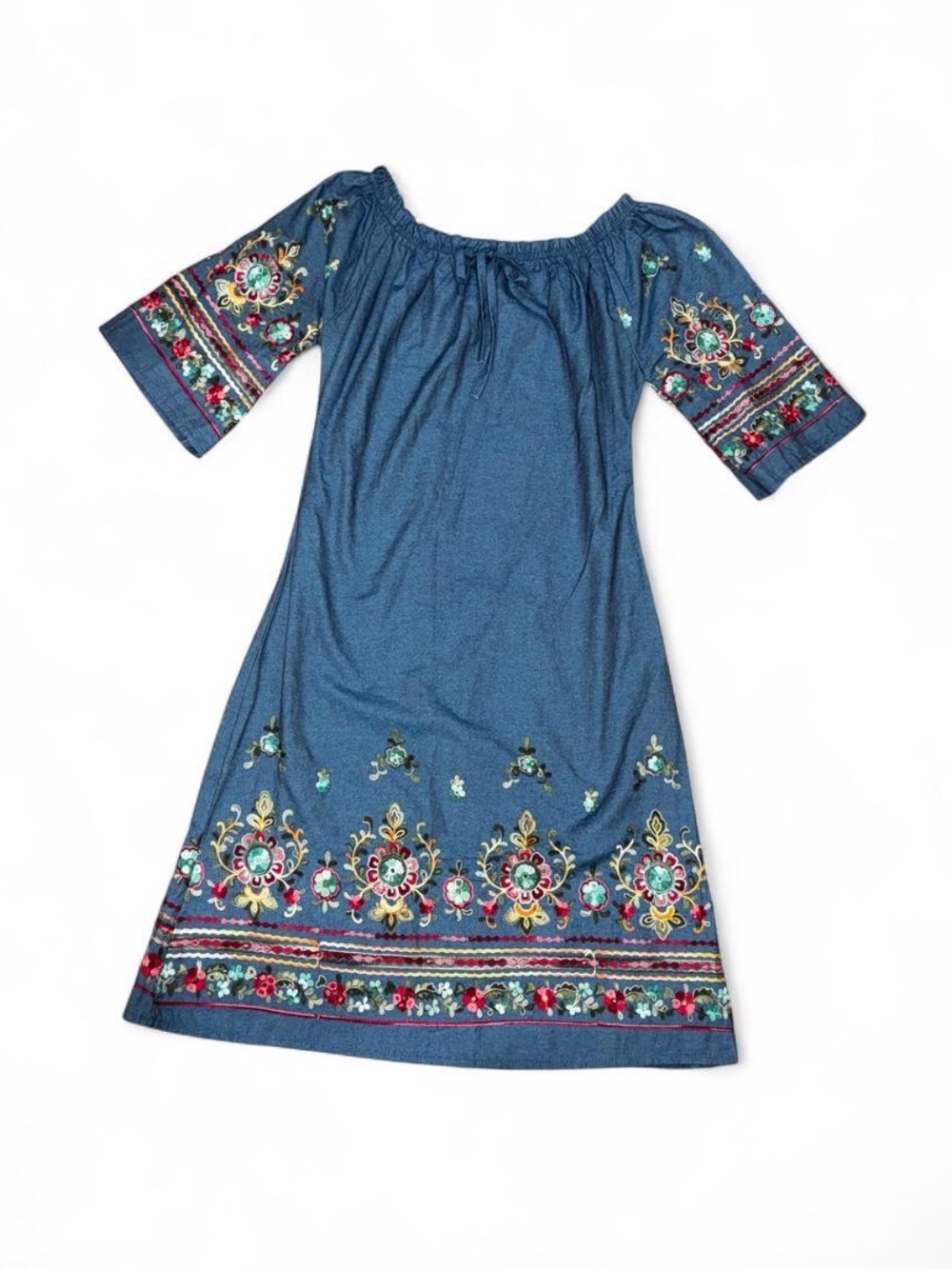 Boho Embroidered Off-Shoulder Dress in Denim Blue